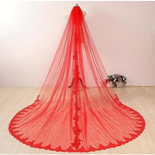 Red Lace Wedding Veil Bridal Veils white 、ivory red Romantic Soft Cathedral Vails