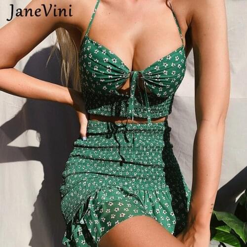 JaneVini Sexy Green Women Two Piece Outfits Halter Sleeveless Tops Boho Elestic Waist Mini Skirts Beach Holiday Female 2pcs Sets