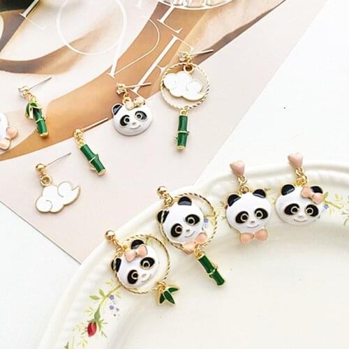 Cute Cartoon Panda Bamboo Asymmetric Drop Women Dangler Enamel Glaze Sweety Lovely Metal Pendent Earrings for Girls Ear Jewelry