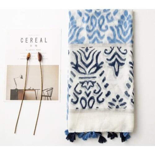 2020 new arrived damask print cotton linen tassel scarf women thin long silk scarves summer sunscreen beach cover up shawl