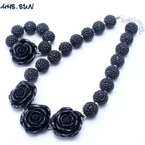MHS.SUN 2Sets Black Flower Rhinestone Beads Necklace Bracelets Charming Chunky Bubblegum Jewelry Set Fashion Accessories