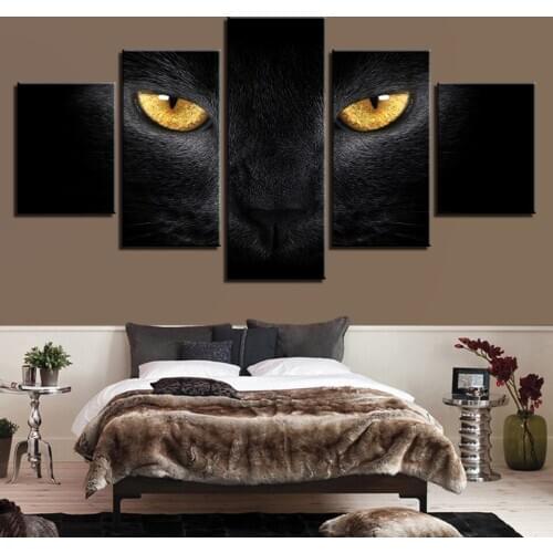 Modern Canvas Painting Wall Art Pictures 5 Pcs Animal Black Cat Yellow Eyes Decor Living Room Modular HD Printed Poster(No Frame