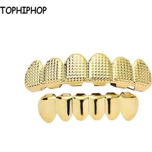 TOPHIPHOP Hip Hop Golden Silver Grill Mesh Tooth Grillz With Printed Gold-Plated Jewelry Rock Party Teeth Dental Jewelry Grillz