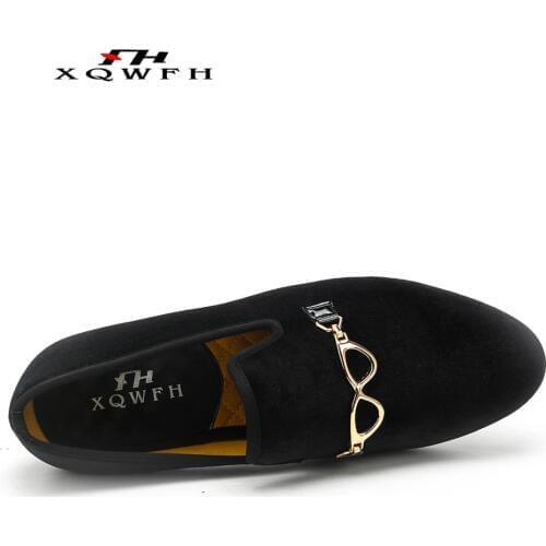 Handmade Fashion Party Men Dress Shoes Gold Buckle Men Velvet Loafers Wedding Smoking Slipper Mens Flat