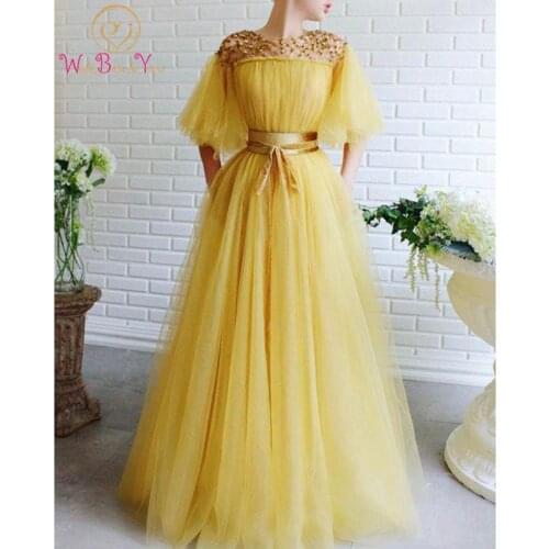 Yellow Long Prom Dresses 2021 Tulle Lace Beaded A Line Floor Length Half Sleeve Sheer Neck Evening Formal Party Gown Custom made
