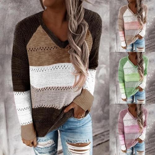 Women Autumn V Neck Pullover Strip Color-matching Hollow Long Sleeves Sweater Elegant Pullover Knitted Sweater Top 2XL