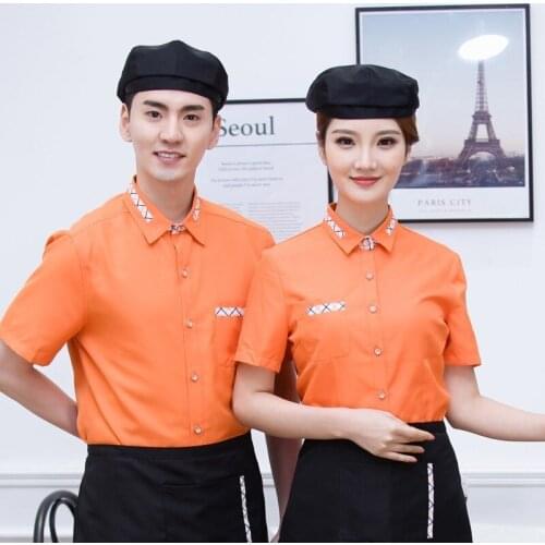 Summer Restaurant Waiter Uniform for Women Short Sleeve T-Shirt with Apron Waitress Uniform Hot Pot Staff Work Suit Kitchen Wear