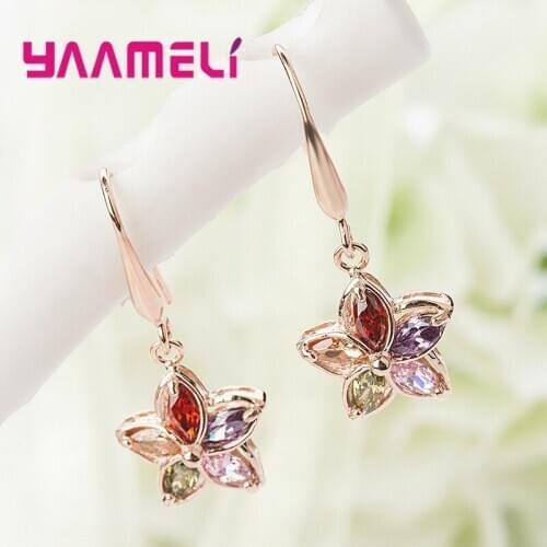 New Trend Factory Price Golden Color Earrings Colorful CZ Crystals Flower Shape Drop Earrings For Women Girls Wife Mom Nice Gift