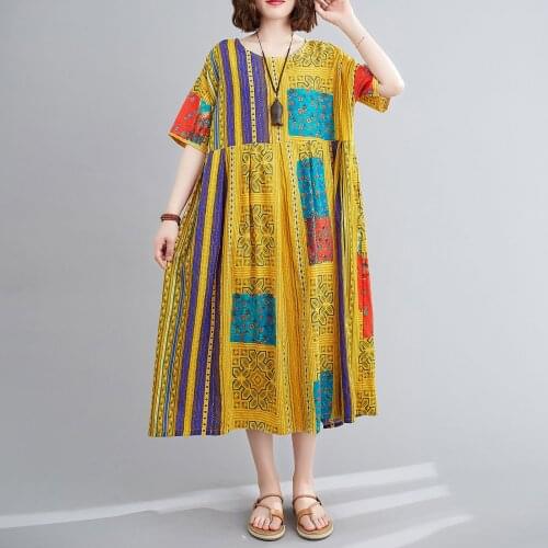 Summer Beach Dresses Vintage Women Cotton Linen Sundress Geometric Print O Neck Half Sleeve Pocket Loose Casual Baggy Vestidos