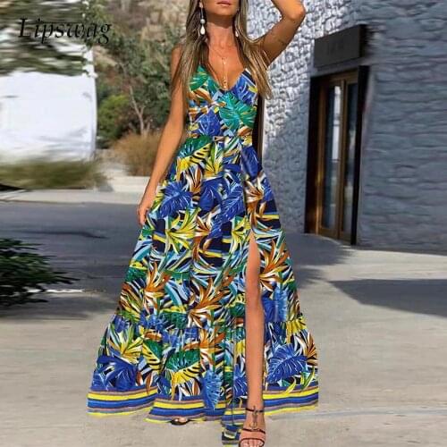 Sexy V Neck Sleeveless Party Dress Elegant Leaves Print Women Slit Long Dress 2021 Autumn Casual Off Shoulder Sling Maxi Dress