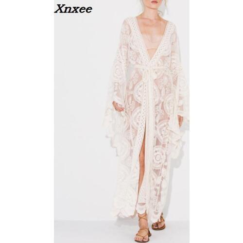 2018 Summer Women White Flare Sleeve Sexy Dress Boho V-Neck Lace Maxi Dress Sashes A-Line Beach Dresses Xnxee