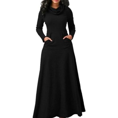 Women Warm Dress With Pocket Casual Solid Vintage Autumn Winter Maxi Dress Robe Bow Neck Long Elegant Dress