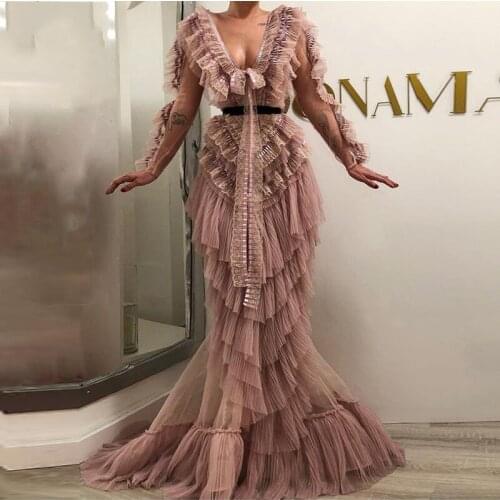 Abiye Tiered Evening Dresses Elegant Mermaid Lace Long Sleeve V Neckline Formal Dress Tulle abendkleider robe de soiree