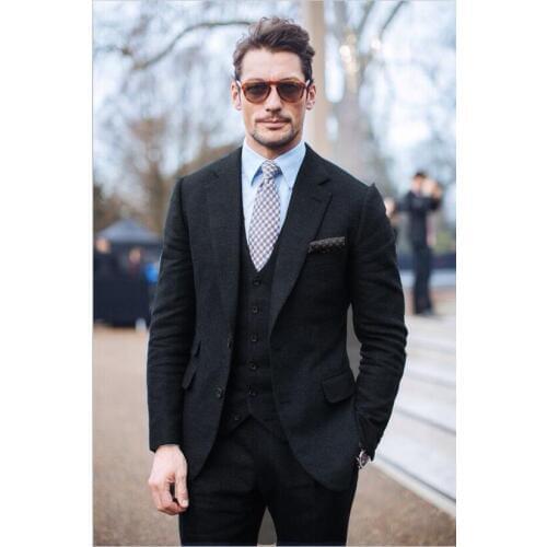 2018 Tailor Black Tweed Suit Men Groom Tuxedo Slim Fit 3 Piece Custom Blazer Prom Wedding Suits Terno Masculino Jacket+Pant+Vest