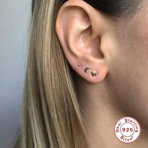 AIDE Cute INS 3Pcs/Set Moon Star Round Stud Earrings For Women Glossy/Zircon Piercing Earings Silver 925 Jewelry pendientes