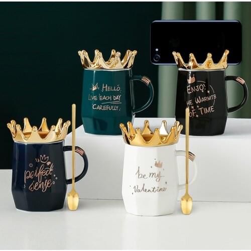 Nordic Style Crown Cup Ins Spoon Coffee Mug Creative Ceramic Water Milk Mug Cartoon Crown Breakfast Cups Girl Gift