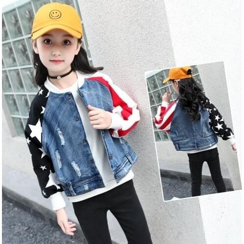 Star & Stripe Patchwork Children Girls Denim Jacket Coat Spring Autumn New 2019 Toddler Girls Long Sleeves Denim Outerwear Coats