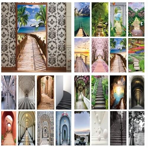 Door Stickers Visual Space Beach Corridor Art Waterproof Wall Paper Living Room Bedroom Door Wallpaper PVC Self-adhesive Decals