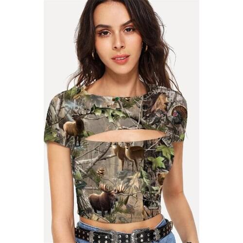 Somepet Animal T shirt Women Deer Navel Bare Bear Tshirt Printed Forest Hollow Out T shirts Womens Clothing Punk Rock Fashion