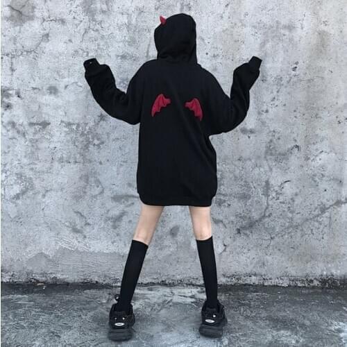 Harajuku Devil Horn Hoodie Streetwear Devil Hoodie Gothic Hooded Sweatshirts Women Loose Black Hooded Sweatshirts
