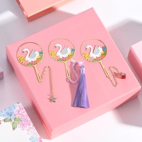 Chinese style Swan Fan Metal Bookmark tassels Pendant Book mark for children student gift School Office Supplies