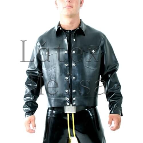 Moto & Biker style latex coat black long sleeve outwear with 0.6mm heavy natural latex for men