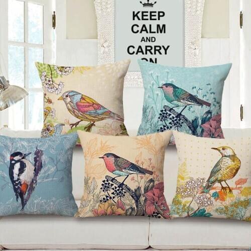Cushion Cover Cotton Linen 45*45CM Room Gifts Single Sides Pillow Case Waist Cushion Painting Bird and Flower Home