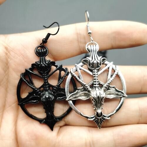 New Fashion Glamour Retro Womens Pentagram Pan God Skull Goat Head Pendant Earrings Gothic Witch Jewelry
