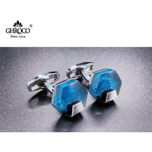CHROCO Charming Pentagonal Blue Resin Men’s Cufflinks for French Cuff Dress Shirt Great Gift for Business Men