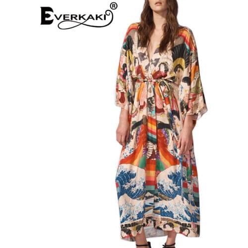 Everkaki Ukiyoe Print Kimonos Long Coats Summer Beach Overall Boho Ladies Oversized Y2K Harajuku Coat Kimono Female 2021 New