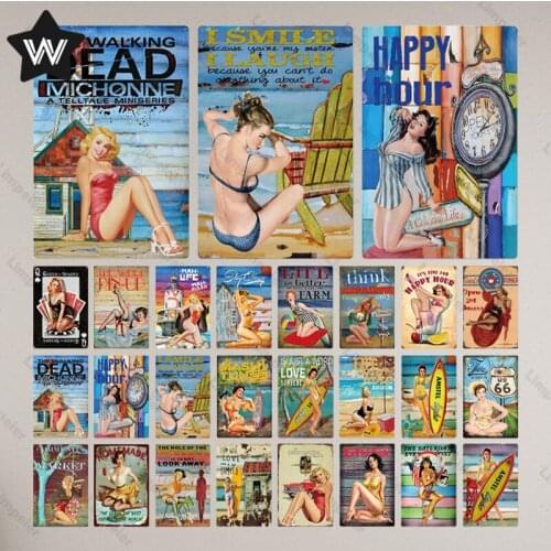 Surfing Sexy Lady Metal Sign Plaque Metal Vintage Pub Funny Tin Sign Wall Decor for Pub Club Man Cave Bar Decoration Wall Plates