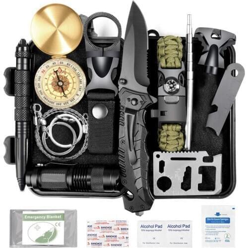 Survival Gear 15 in 1 Emergency Backpack Survival Kit Survival SOS for Camping Hiking Hunting Fishing Gifts for Men Dad Husband