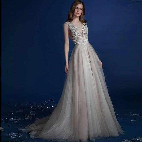 A Line Wedding Dresses Tulle O Neck Backless Floor Length Elegant Mysterious Illusion Marriage Bridal Gowns
