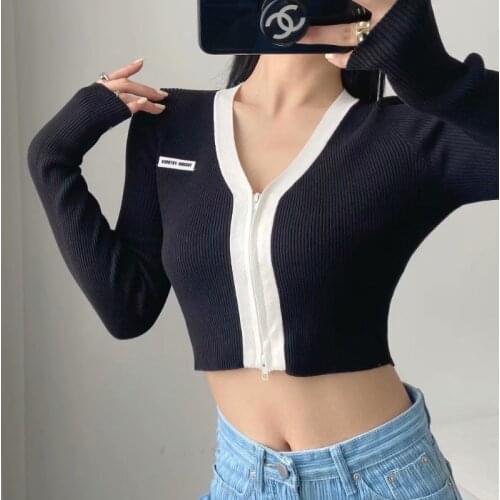 Zoki Patchwork Women Crop Sweater Fashion Zipper Long Sleeve Cardigan Short Jacket Autumn Black Female Knit Streetwear Tops 2021