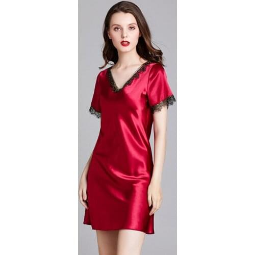 Wasteheart Women Fashion Red Sexy Sleepwear Faux Silk V Neck Nightwear Homewear Lace Nightgown Female Sleep Gown Night Dress