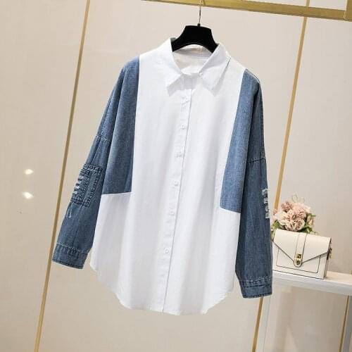 Nkandby Plus Size Denim Patchwork Blouse 2021 Autumn Female 100kg Cowboy Cardigan Loose Hole Casual Shirts Oversize Outerwear
