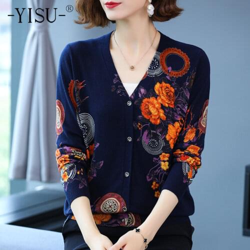 YISU Wool Woman clothing Cardigan V-Neck Cardigan Coat Printing Long sleeve Sweater Spring Autumn Tops Knitted Coats Female