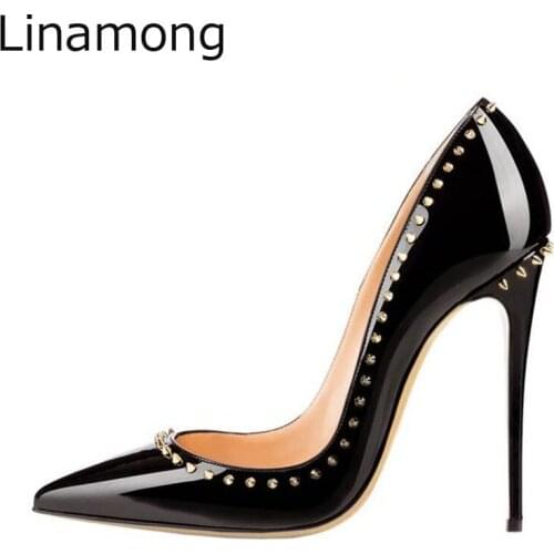 Hot Selling Sexy Women Metal Rivets Studs Opening Shiny Leather Pointed Toe Pumps Ladies Party Dress High Heels Shoes Stilettos