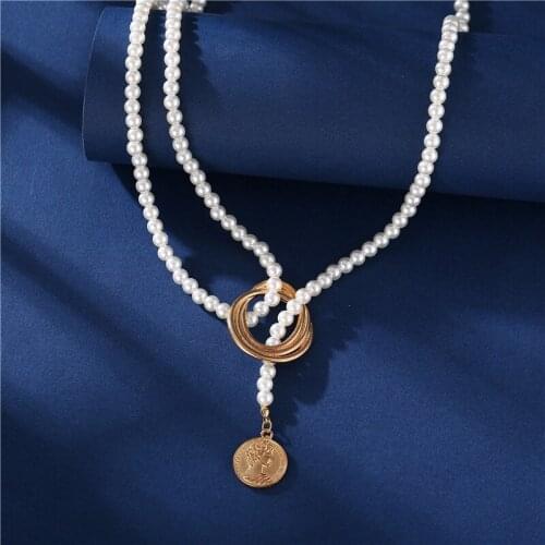 Vintage Pearl Chain Metal Coin Portrait Pendant Necklace for Women Girls Teens Pearls Necklaces Jewelry 2021 Trend New Arrival