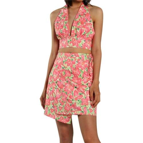 Fashion Summer Floral Print Vacation Clothes Sets Ladies Halter Neck Backless Crop Tops+High Waist Skirt Women Bodycon Outfits