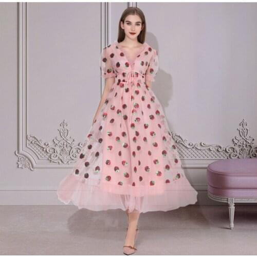 Maxi Dresses For Women New Summer Strawberry Dress Plus Size Mesh Robe Sexy Party Club Elegant Female Casual Dresses Vestidos