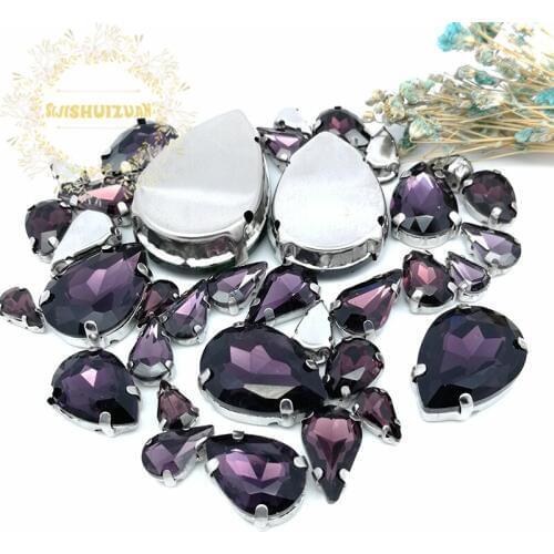 8 SIZES 35PCS Free shipping! Deep Purple Water drop shape Glass Crystal sew on rhinestones with calw Diy wedding decoration