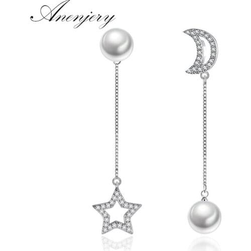 ANENJERY 925 Sterling Silver Asymmetrical Moon Star Earrings Zircon Pearl Long Chain Earrings S-E253
