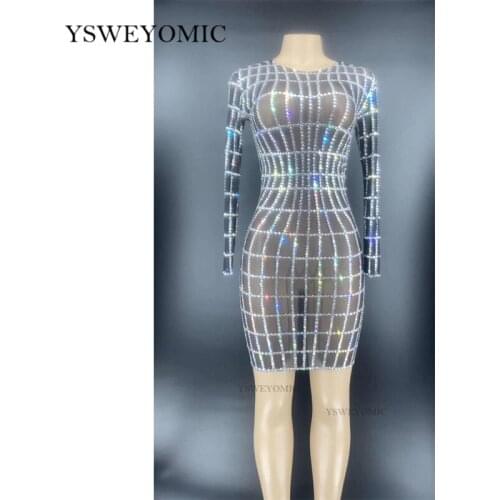 New Design Sparkly Silver Rhinestones Transparent Mesh Dress Birthday Celebrate Outfit Bar Singer Long Sleeves Dance Short Dress