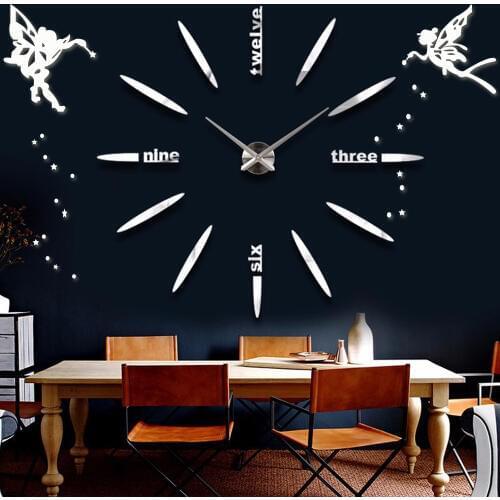 Large Wall Clock Modern Design Silent DIY Acrylic Mirror Self adhesive Angel Sticker Big 3D Wall Clocks for Living Room Decor