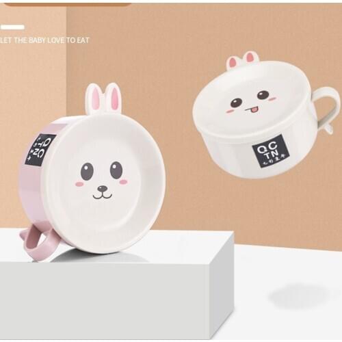 Baby Bowl Tableware Learning Cartoon Rabbit With Cover Baby Stainless Steel Insulation Bowl Complementary Food