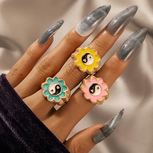 Docona 3pcs/sets Trendy Yin and Yang Finger Rings for Women Colorful Dripping Oil Heart Metal Rings Set Jewelry Wholesale 18593