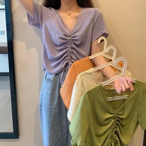 Heydress women new loose short paragraph ride short-sleeved T-shirt female summer drawstring fold purple casual plus size tops