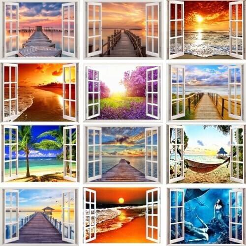 Square Diamond 5D DIY Diamond Painting Window Landscape Sea View Sunset Embroidery Cross Stitch Kit Home Decoration Gift Mosaic