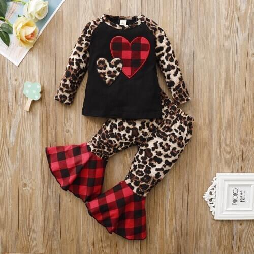 1-6Years Fashion Children Girls Clothing Sets Spring Fall Kids Girls Leopard Print T-shirts Tops+Flare Pants Casual Outfits
